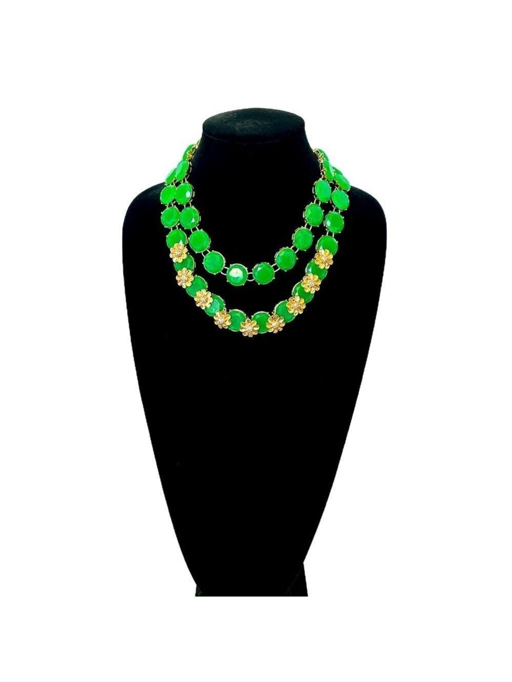 TALBOTS | Kelly Green Stone w Gold Flower Accents Statement Necklace | NWOT